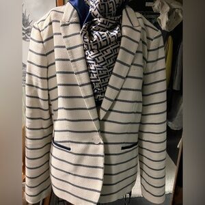Tommy Hilfiger Navy and Cream Striped Blazer with Geometric Scarf